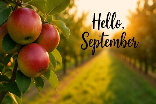 Morning sunlight illuminates ripe apples hanging from a tree, with rows of orchards stretching into the distance. Inscription Hello September. Fruitful harvest in countryside, celebrating September.  
