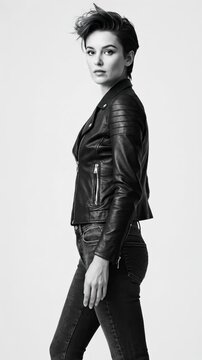 Stylish young woman with short hair in leather jacket and jeans posing black and white studio shot