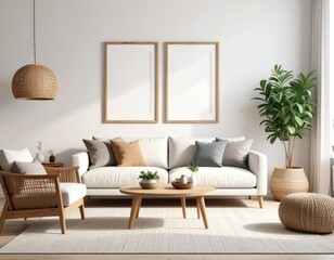 Bright living room with white sofa wooden accents and blank picture frames (2)