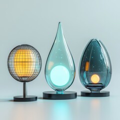 Abstract glass and wire sculptures isolated on white background