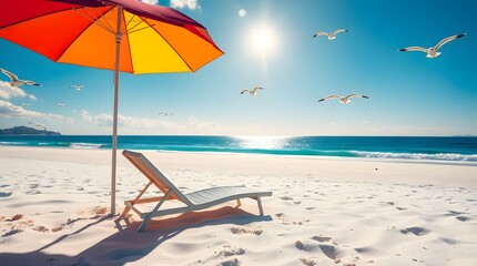 A white beach umbrella and a comfortable wicker chair are positioned on a sandy beach next to the turquoise sea under a clear blue sky. Travel concept