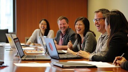 A group of four professionals engaged in a lively discussion around a conference table in a modern office setting.