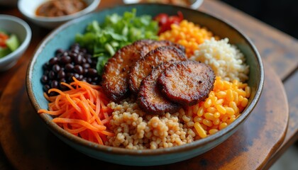 Fototapeta premium Plate of spicy Korean bibimbap with rice, beans, and various vegetables, on wooden table