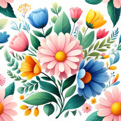 Cheerful digital illustration of colorful flowers including daisies and tulips with lush green leaves, arranged on a clean white background.
