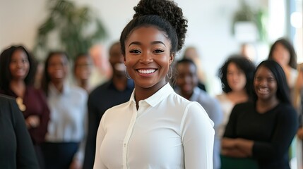 A smiling woman with short, wavy blonde hair stands in a conference setting, wearing a white blouse with ruffles and olive green pants.