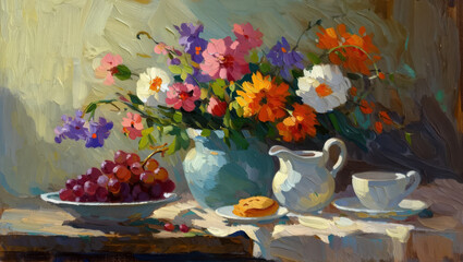 Classic still life with a bouquet of bright flowers, a bowl of vi nograda  and elegant porcelain on a sunlit table with soft shadows.  