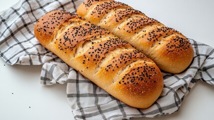 Freshly Baked Sesame Seed Bread on a Checkered Cloth for a Tasty Meal