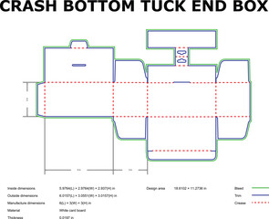 Detailed diagram of a crash bottom tuck end box with dimensions and specifications