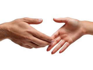 Handshake of Unity: A close-up captures a harmonious connection as two hands extend toward each other in a gesture of unity and cooperation. The image conveys a sense of support and agreement.