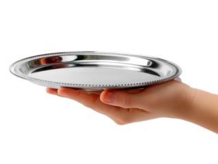 A Helping Hand: A hand gently presents an elegant silver tray, emphasizing the gesture of offering or serving. A symbol of hospitality and care.