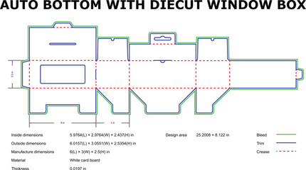 Vector blueprint of an auto bottom box design with a die-cut window for packaging.