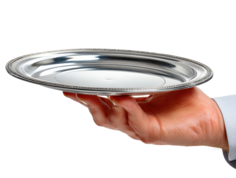 Silver Tray Service: An elegant close-up reveals a professional hand presenting a polished, silver tray, ready to serve. showcasing impeccable service and refinement.