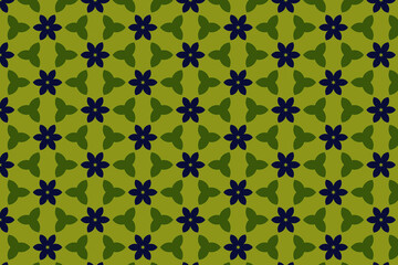 Stylish ornamental print ideal for textiles. A bold geometric green, violet floral pattern on yellow background. Decorative pattern.
