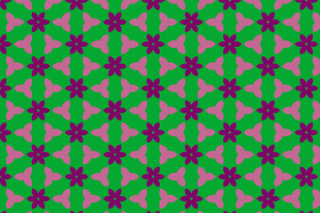 Stylish ornamental print ideal for textiles. A bold geometric green, violet floral pattern on yellow background. Decorative pattern.