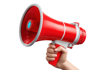 Red Megaphone in Hand: A hand firmly grips a bright red megaphone, ready to amplify voice and message, set against a design to communicate.
