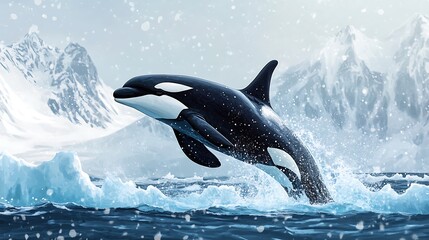 Orca leaping gracefully through icy water.