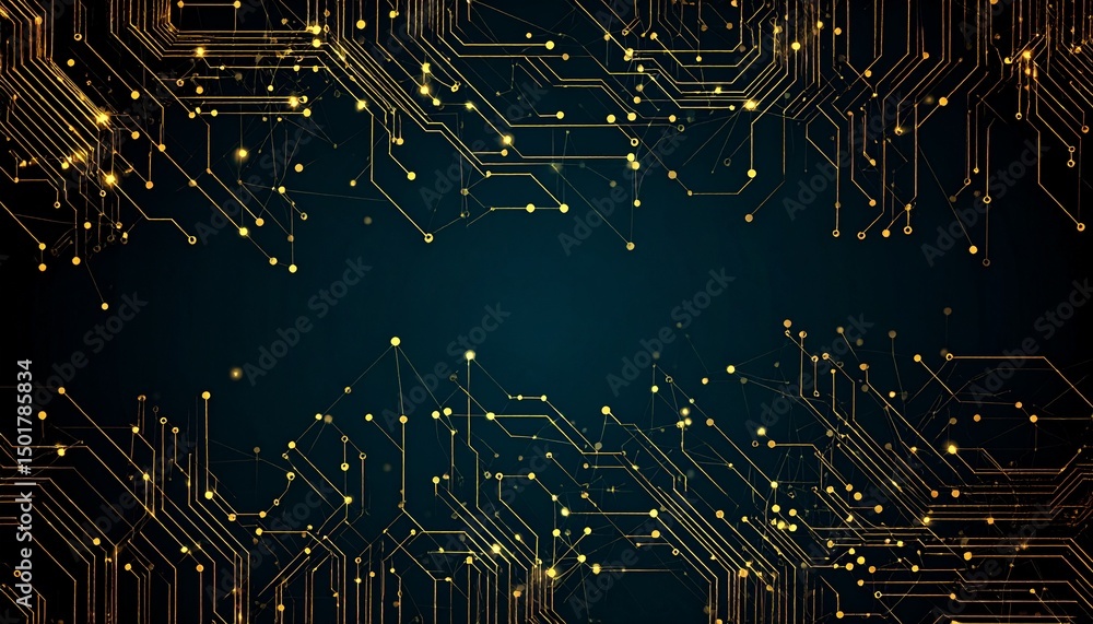 Poster abstract technology background. gold circuit lines and connected dots on dark tech bg. futuristic el