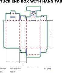 Detailed packaging layout diagram for a tuck end box design with hang tab and dimensions