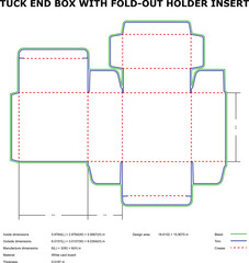 Detailed diagram of a tuck end box with fold out holder insert for packaging design