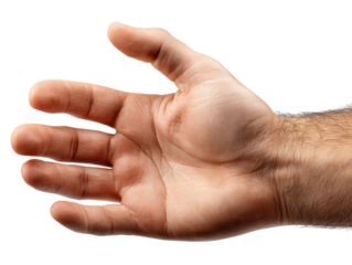 Open Hand Gesture: A close-up shot of a man's hand, palm open and fingers slightly splayed, showing signs of work and age. The image conveys a sense of invitation, generosity, or reaching out. 