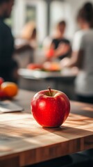 Apple on a kitchen table with copy space vertically 9:16