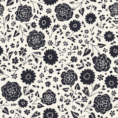 Monochrome black and white ditsy floral seamless pattern. Hand drawn nature backdrop with tiny flowers. Doodle blooms and leaves texture.