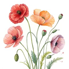 Obraz premium Watercolor Poppy Flowers Isolated on White background
