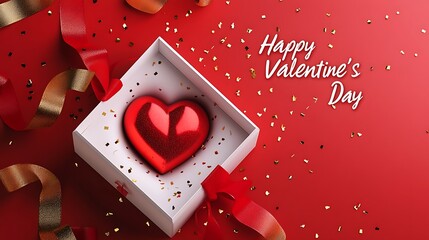 A white gift box with a red heart and gold confetti.