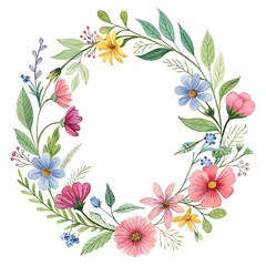 Fototapeta premium Wildflower Wreath in Watercolor on White background
