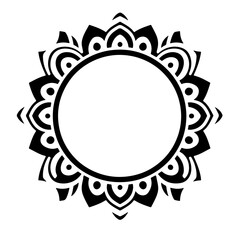 A black and white circular mandala illustration with intricate details.