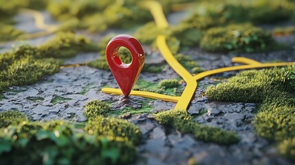 Red map marker on a textured path with moss.