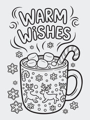 Cozy Mug of Cocoa with Marshmallows and Snowflakes Coloring Page
