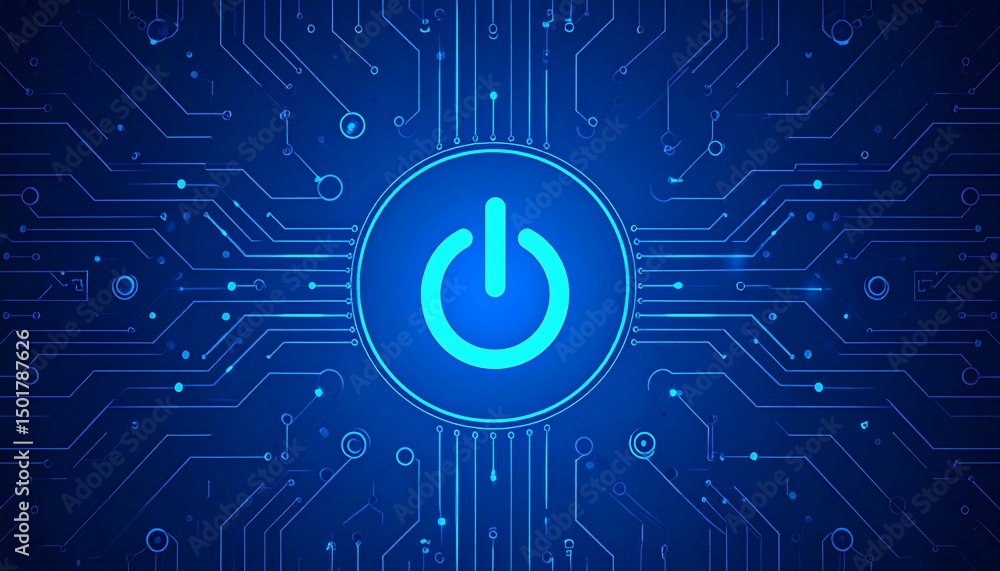 Poster abstract on power button in the center of futuristic circuit board with light glowing wires on techn