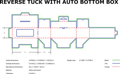 Detailed blueprint of a reverse tuck box with auto bottom design for packaging