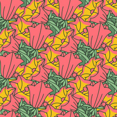 Seamless pattern with canary islands flowers Bellflower. Hand drawn boho floral wallpaper vector illustration