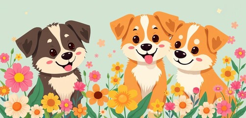 Adorable cartoon dogs with vibrant flowers, playful flat style illustration , dog art, puppy