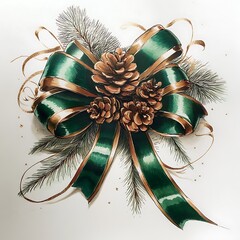 Detailed illustration of a festive bow adorned with pine cones and greenery.