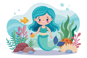 Adorable Cartoon Mermaid with Blue Hair in Underwater Scene