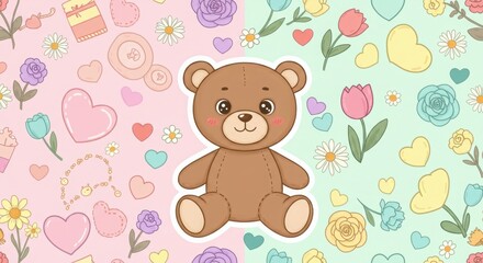 Fototapeta premium Cartoon teddy bear with hearts and flowers background