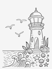 Doodle Lighthouse with Waves and Seagulls Coloring Page
