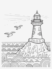 Doodle Lighthouse with Waves and Seagulls Coloring Page
