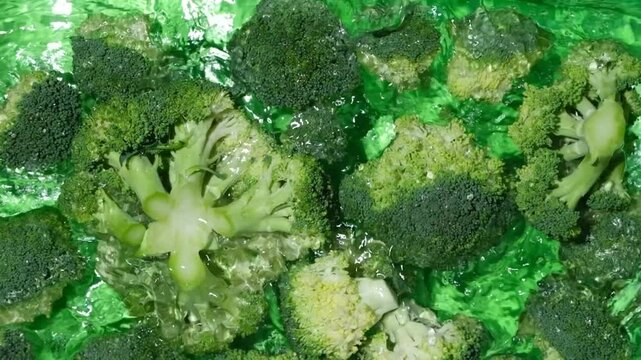 Fresh Organic Broccoli Drops Into Clear Water Slow Motion