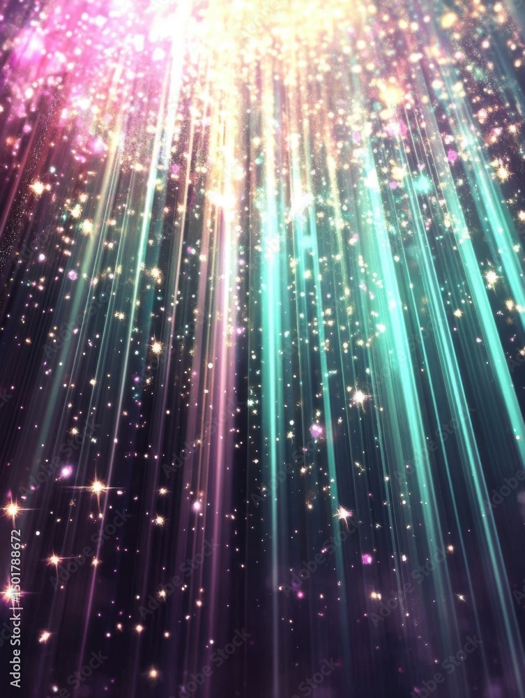 Poster abstract light beams and bokeh particles rising up in a colorful display of pink teal and gold from 