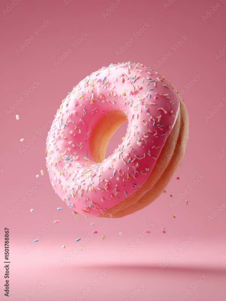 Poster pink frosted donut with sprinkles floating in air on pink background studio shot close up sweet trea
