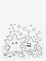 Smiling Starfish with Tiny Seashells and Bubbles Coloring Page