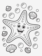 Smiling Starfish with Tiny Seashells and Bubbles Coloring Page
