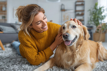 Woman relaxing at home with her happy golden retriever dog on a cozy rug in the living room.