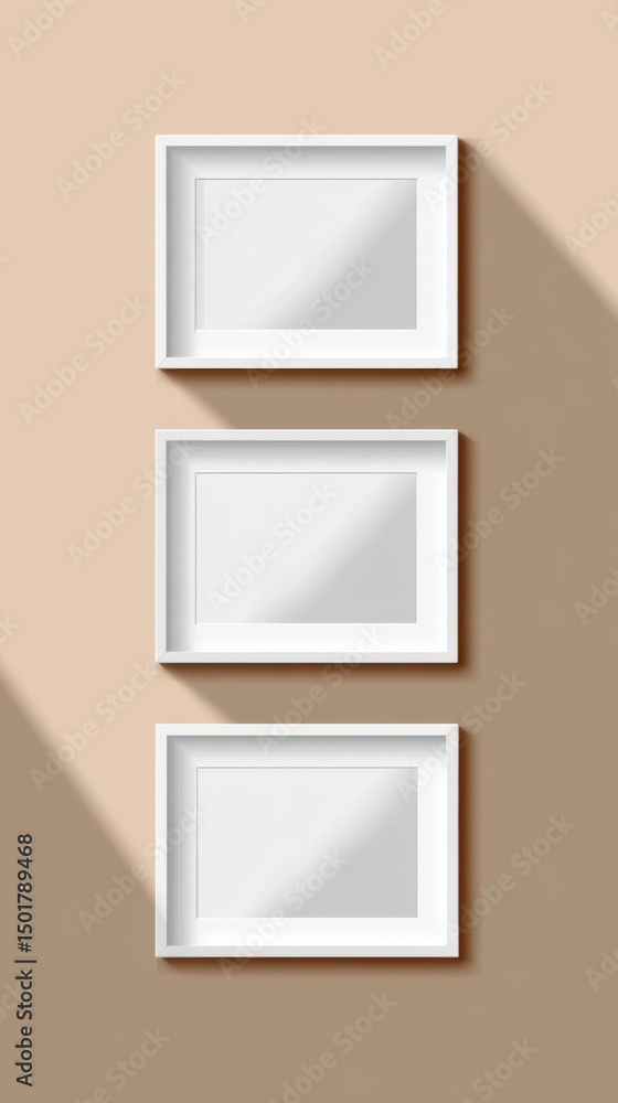 Poster three white picture frames mockup hanging vertically on a beige wall with light and shadow casting f