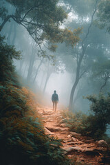 Obraz premium A solitary hiker walking along a rocky trail in a misty forest surrounded by trees and foliage