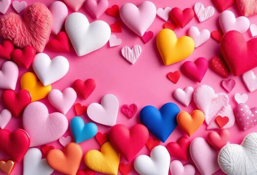 Soft pink background filled with diverse heart shapes and textures, varying in size, cute, coeur